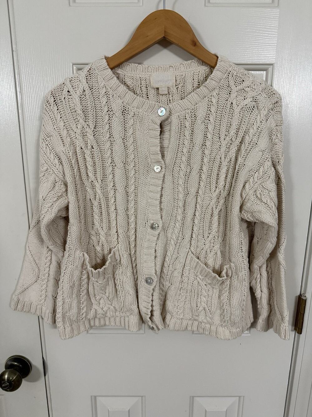Honest Cotton Cameron Cardigan Cable Knit Patch Pocket Cozy One Size Cream Ivory